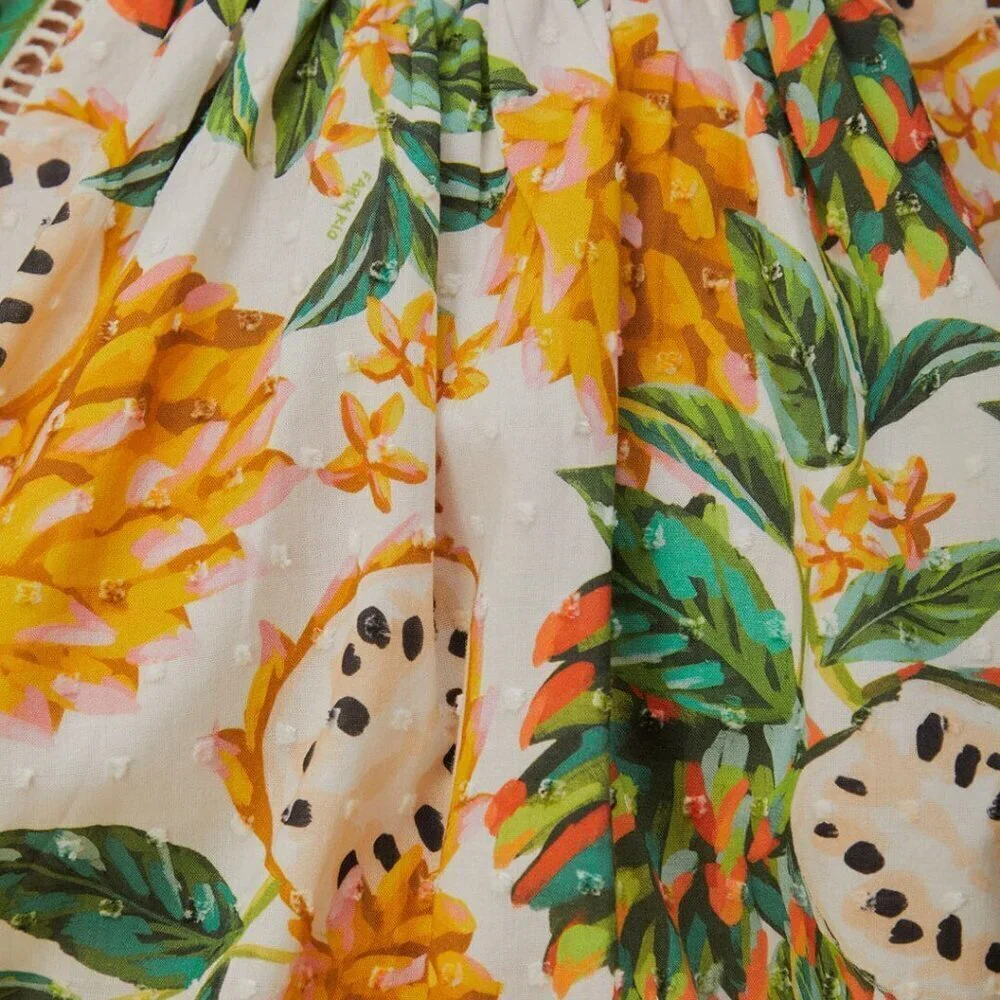 NWT FARM Rio Off-White Biriba Cropped Top Yellow Green Floral Puff Sleeve Blouse